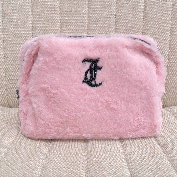 Juicy Couture Handbags - NEW Juicy Couture Pink Fur Black Rhinestone Logo Makeup Bag